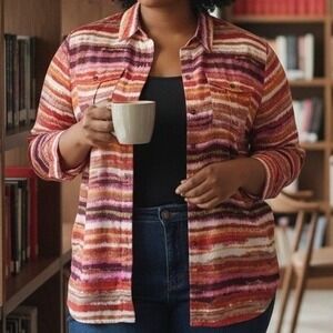 Jones New York Signature Woman 1X Abstract Stripe Button Up Blouse Multi-Color